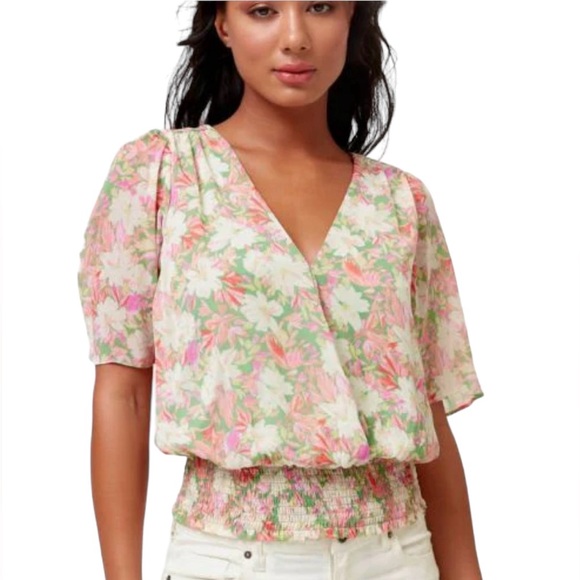 Lush Floral Surplice V-Neck Top Smocked Waist, Small, Pink/Sage, Flutter Sleeve - Picture 7 of 7